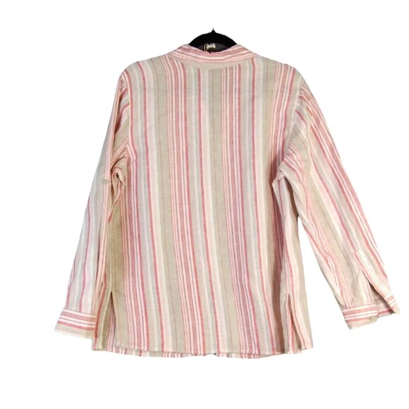 Studio Works Shirt Size M Linen Tan Red Stripe Tab Sleeve Resort Beach Coastal - Picture 2 of 7